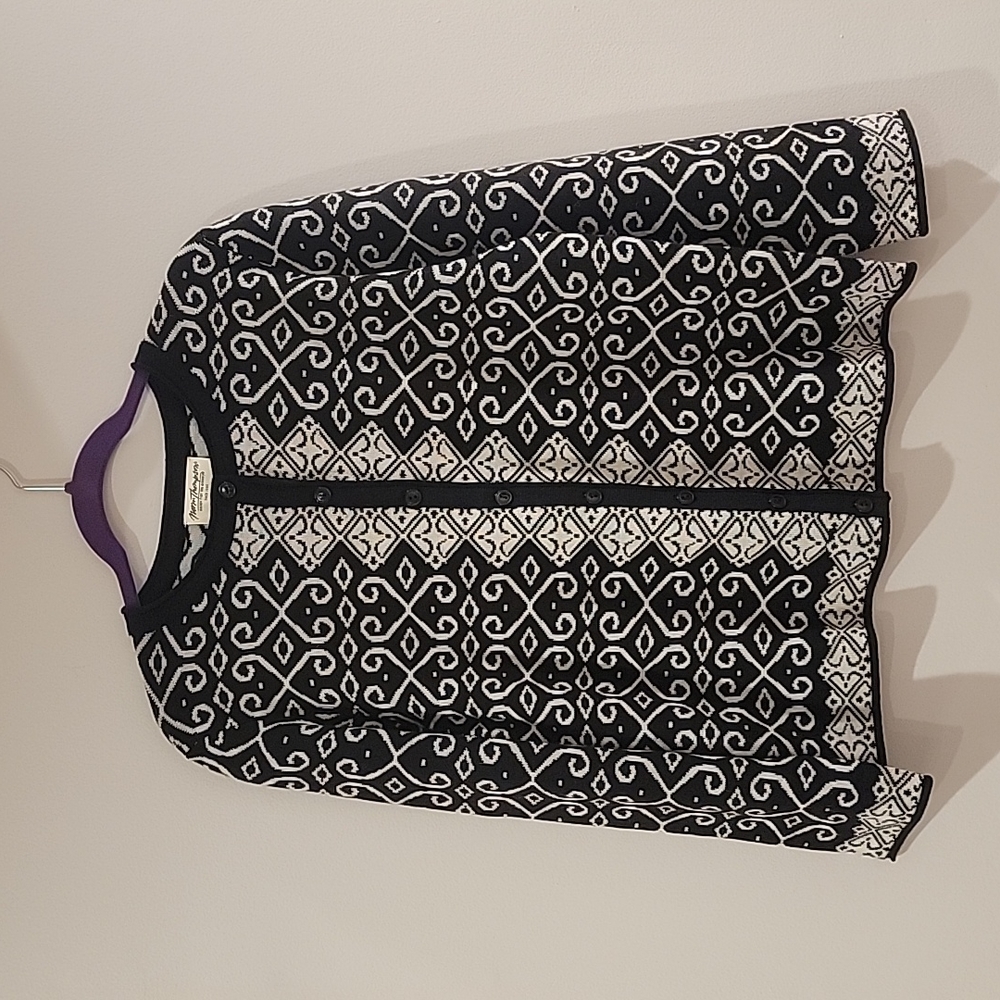 Norm Thompson Black & White Buttondown Patterned Cardigan Sweater Wool/Alpaca PM